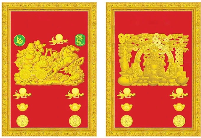 Lịch gỗ phù điêu khung vàng thần tài và di lặc