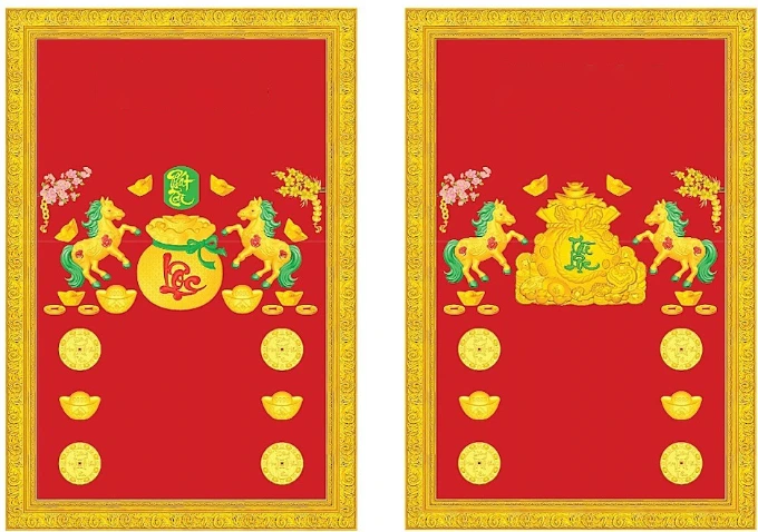 Lịch gỗ phù điêu khung vàng túi vàng và ngựa vàng 2026