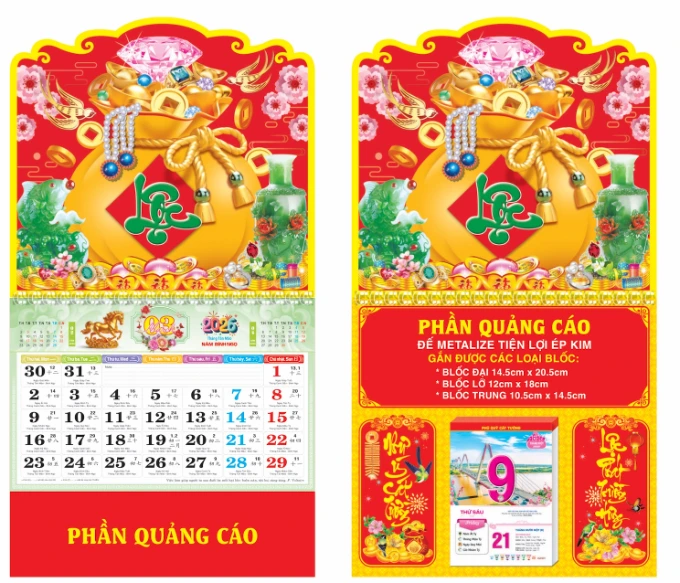 Lịch Lò Xo Giữa Gắn Bloc Túi Vàng Tài Lộc